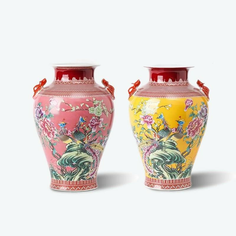 Amphora Flower and Bird Chinoiserie Porcelain Vase | Floor Vase Floor Vase Floor Vase