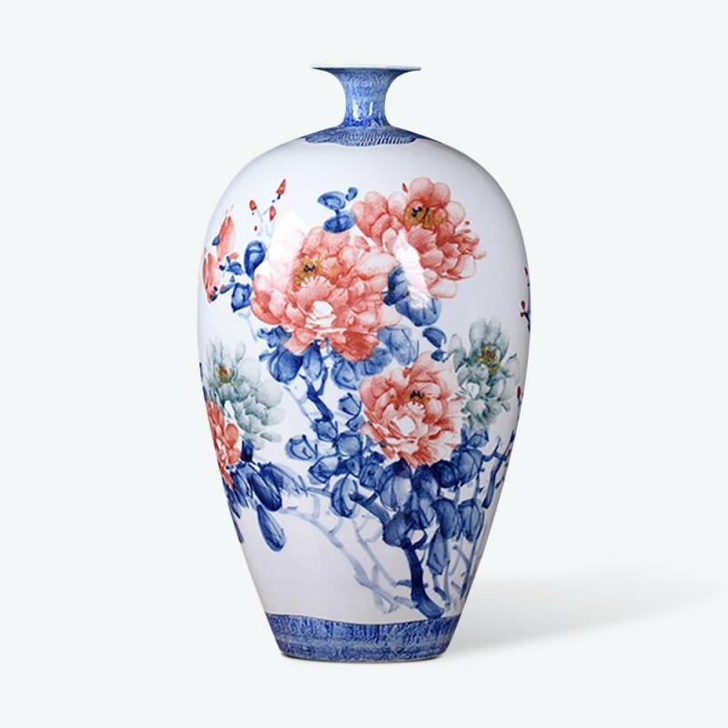 Blue And White Hand Painted Red Flower Floor Vase | Floor Vase Bud Vase Bud Vase