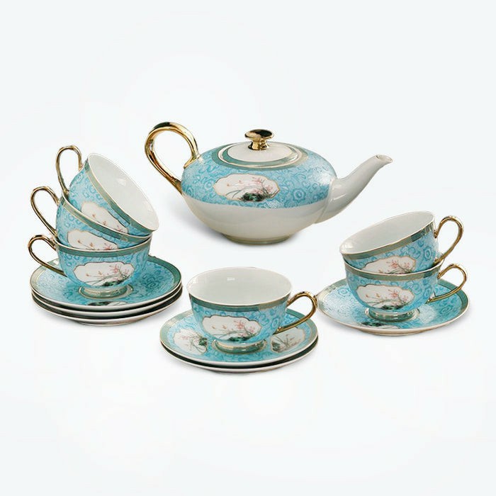 Blue Enamel Flower Pattern Tea Set | Modern Tea Sets Golden Trim Collection Modern Tea Sets