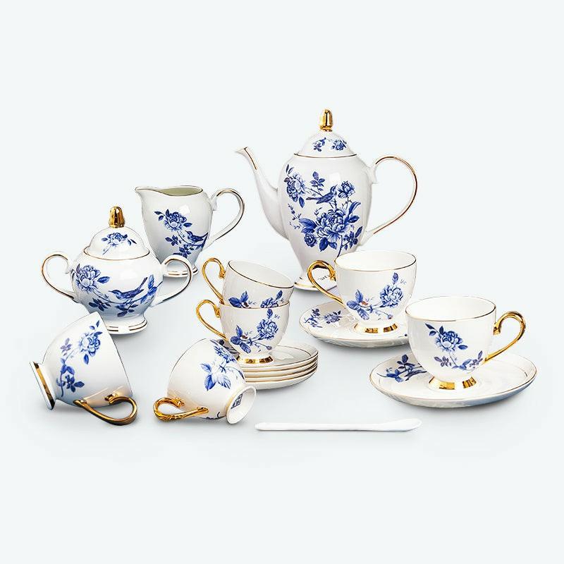 Blue Flower and Bird Bone China Tea Set | Modern Tea Sets Golden Trim Collection Modern Tea Sets