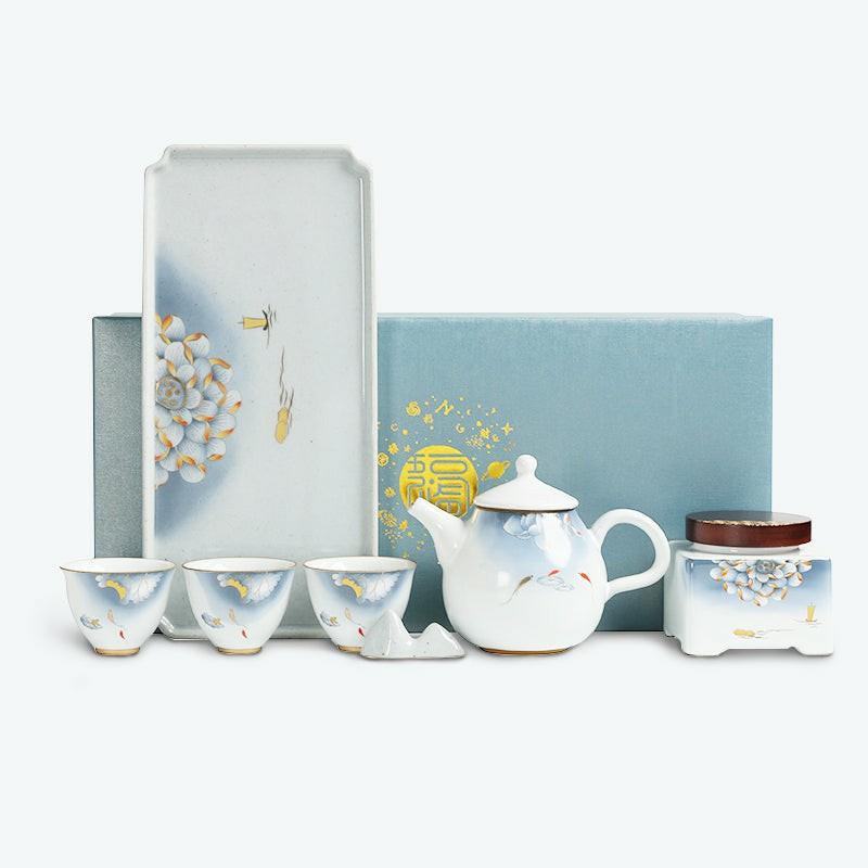 Blue Lotus Ceramic Tea Set With Tea Canister | Japanese Tea Sets Flower & Plants Collection Japanese Tea Sets