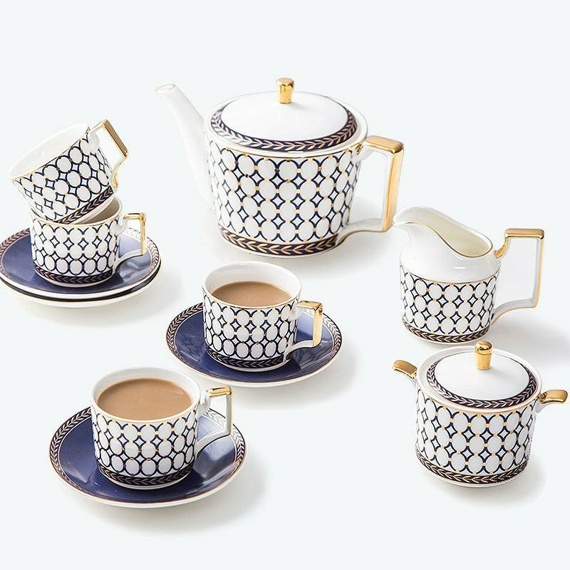 Bone China Blue Geometric Gold Trim Ceramic Tea Set | Modern Tea Sets Golden Trim Collection Modern Tea Sets