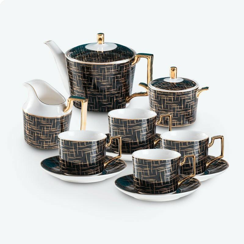 Bone China Gold Lines Pattern Tea Set | Modern Tea Sets Golden Trim Collection Modern Tea Sets