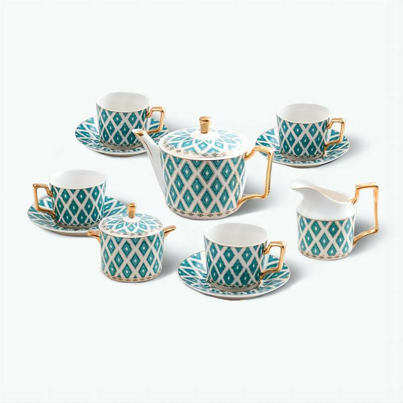 Bone China Green Diamond Grid Cup Tea Set | Modern Tea Sets Golden Trim Collection Modern Tea Sets