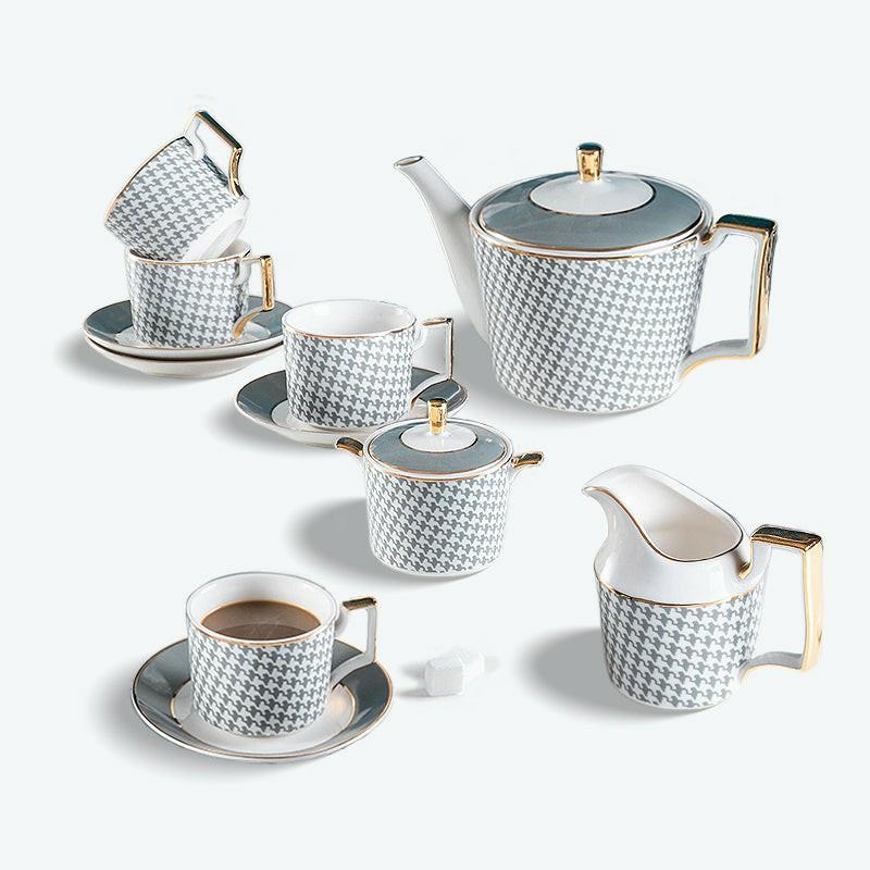 Bone China Houndstooth Gold Trim Ceramic Tea Set | Modern Tea Sets Golden Trim Collection Modern Tea Sets