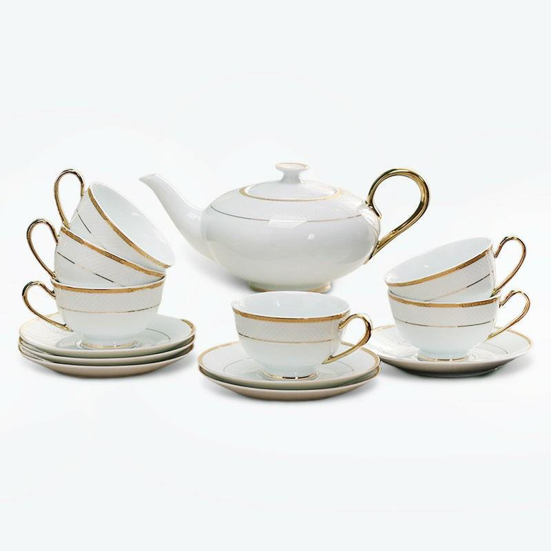 Bone China White Plaid Cup Gold Trim Ceramic Tea Set | Modern Tea Sets Golden Trim Collection Modern Tea Sets