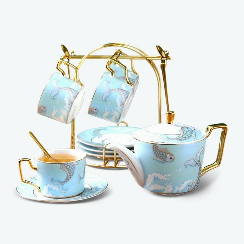 Carp Pattern Gold Trim Frosted Ceramic Tea Set | Modern Tea Sets English Tea Sets English Tea Sets