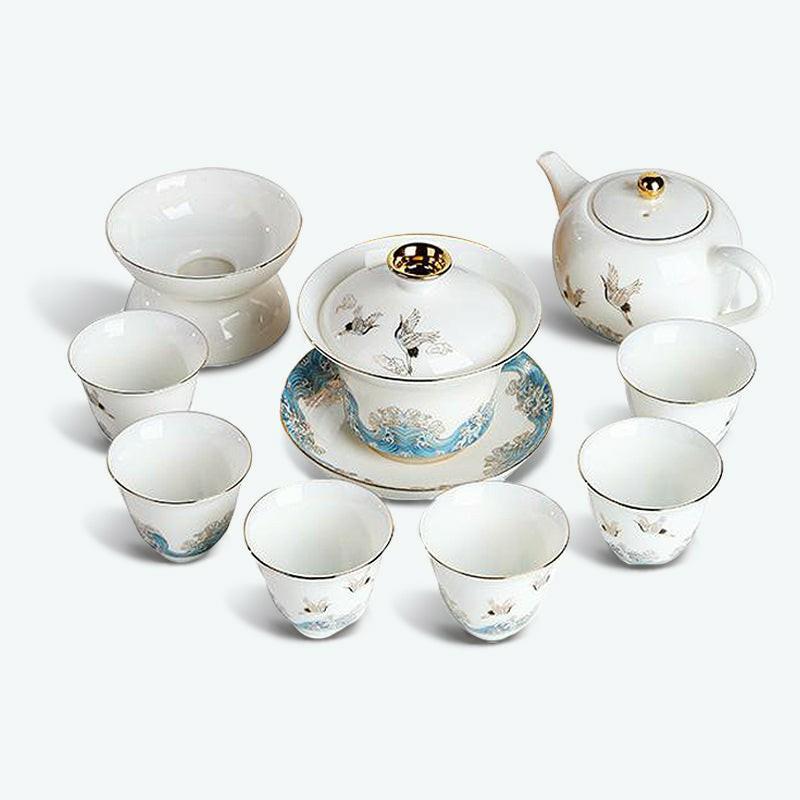 Chinese Wave and Crane Porcelain Tea Set | Kung Fu Tea Sets Kung Fu Tea Sets Kung Fu Tea Sets