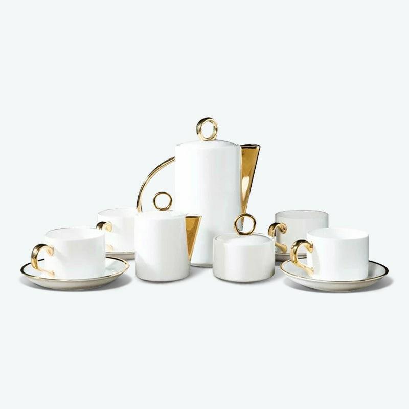 European Golden Trim Solid White Ceramic Tea Set | Modern Tea Sets Golden Trim Collection Modern Tea Sets