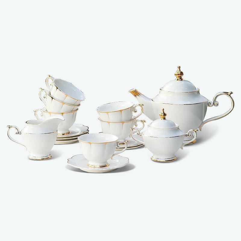 European Solid White Bone China Tea Set | Modern Tea Sets Golden Trim Collection Modern Tea Sets