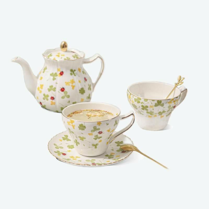 Four-Leaf Clover Meadow Porcelain Coffee & Tea Set | Modern Tea Sets Golden Trim Collection Modern Tea Sets