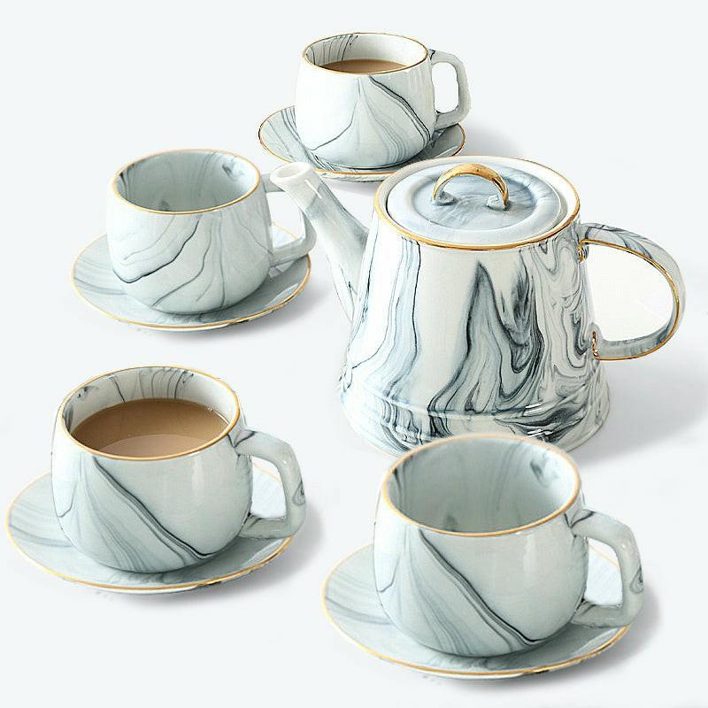 Gold Trim Marbling Ceramic Tea Set | Modern Tea Sets Golden Trim Collection Modern Tea Sets