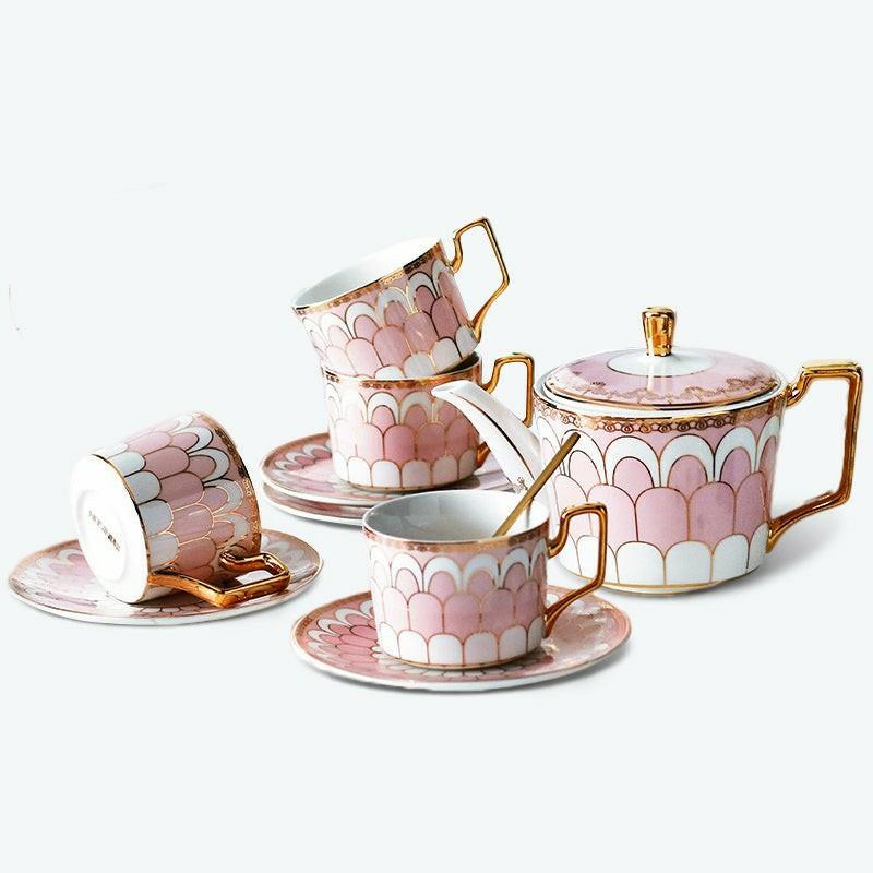 Golden Rim Geometric Coffee Cup and Saucer Set | Modern Tea Sets Golden Trim Collection Modern Tea Sets