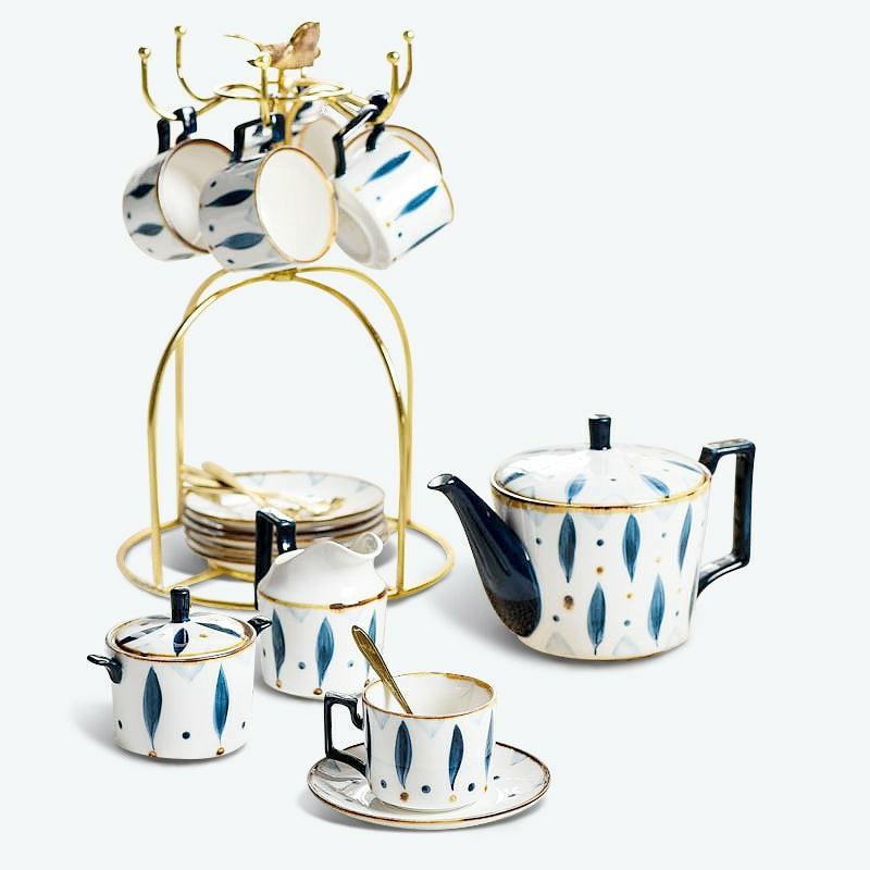 Hand-painted Blue Leaves-Shaped Coffee & Tea Set | Modern Tea Sets Golden Trim Collection Modern Tea Sets