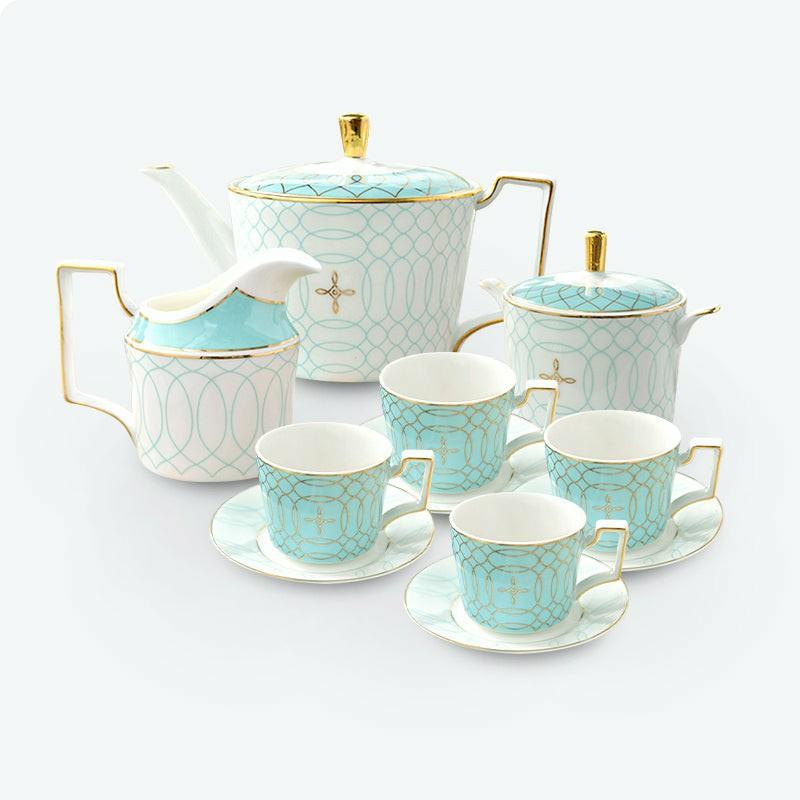 Light Blue Plaid Gold Trim Ceramic Tea Set | Modern Tea Sets Golden Trim Collection Modern Tea Sets