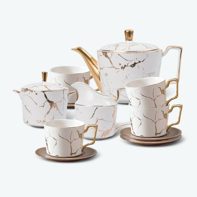 Marble Pattern Gold Trim Ceramic Tea Set | Modern Tea Sets Golden Trim Collection Modern Tea Sets