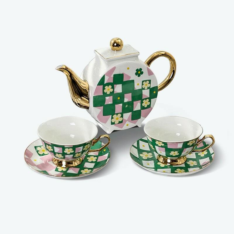 Modern Geometric Gold Trim Ceramic Tea Set | Modern Tea Sets Golden Trim Collection Modern Tea Sets