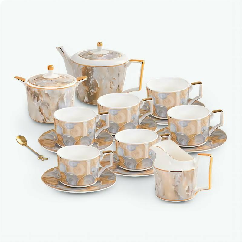 Modern Orange/Silver Marble Coffee Set | Modern Tea Sets Golden Trim Collection Modern Tea Sets