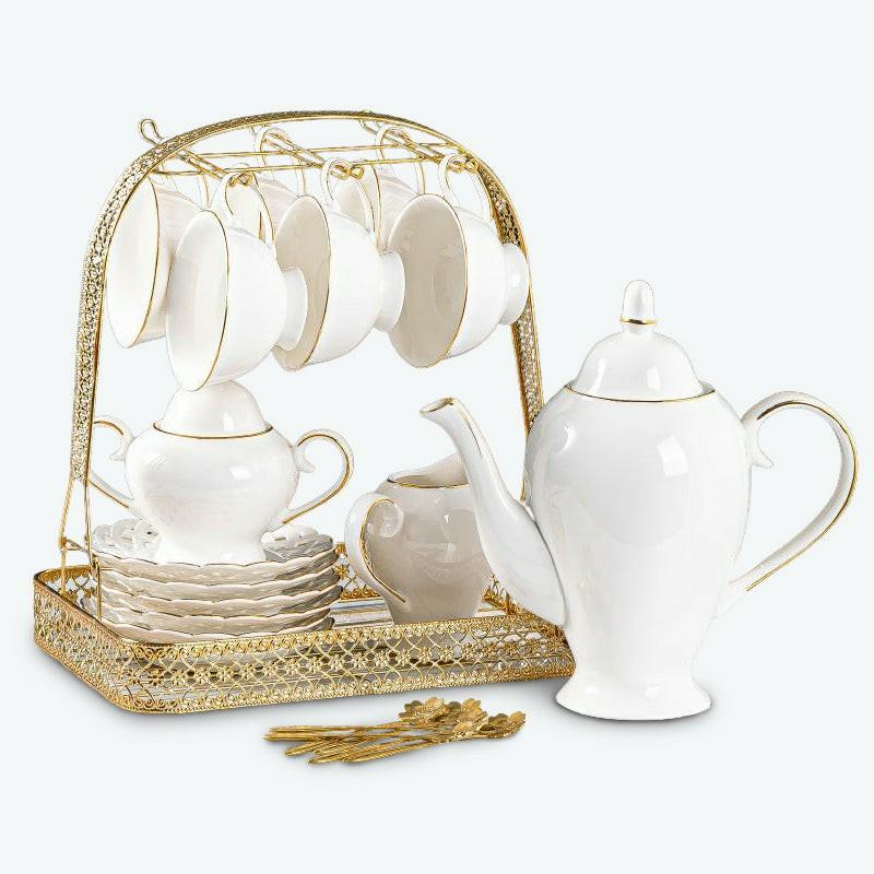 Modern White Bone China Gold Trim Ceramic Tea Set | Modern Tea Sets Golden Trim Collection Modern Tea Sets