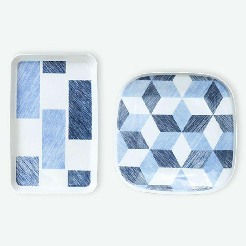 Nordic Blue Plaid Geometric Ceramic Plate | Plates Dinnerware Plates