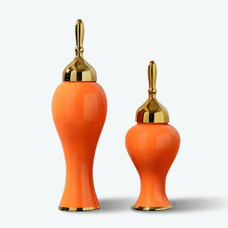 Orange Ginger Jar with Gold Lid | Floor Vase Floor Vase Floor Vase